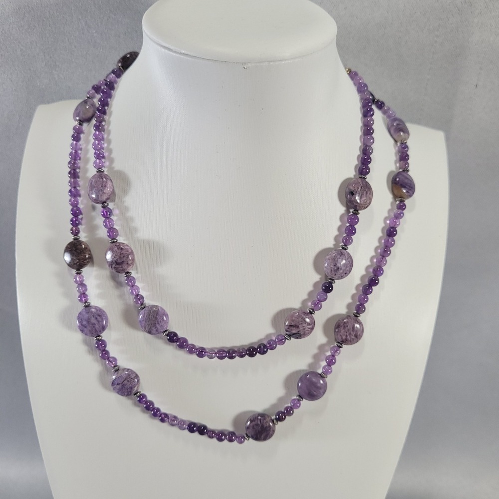Amethyst Charoite Necklace 925 Sterling Silver Purple Beaded Opera 36"